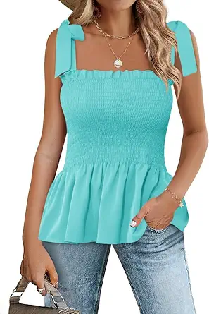 Micoson Ruffle Tank Tops for Women Summer Square Neck Sleeveless Tops Tie Shoulder Chiffon Blouse Babydoll Shirts