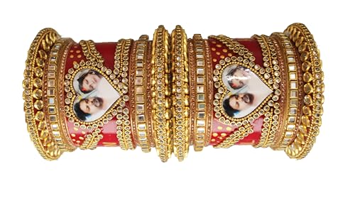Image of Anwar Rajwada Heart Shape Custamised Husband Wife Red Name Photo Chooda Set