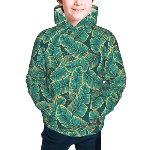 Gold and Green Tropic Leaves Kids Pullover Hoodies Boys Sweatshirts Girls Athletic Clothes with Pocket2