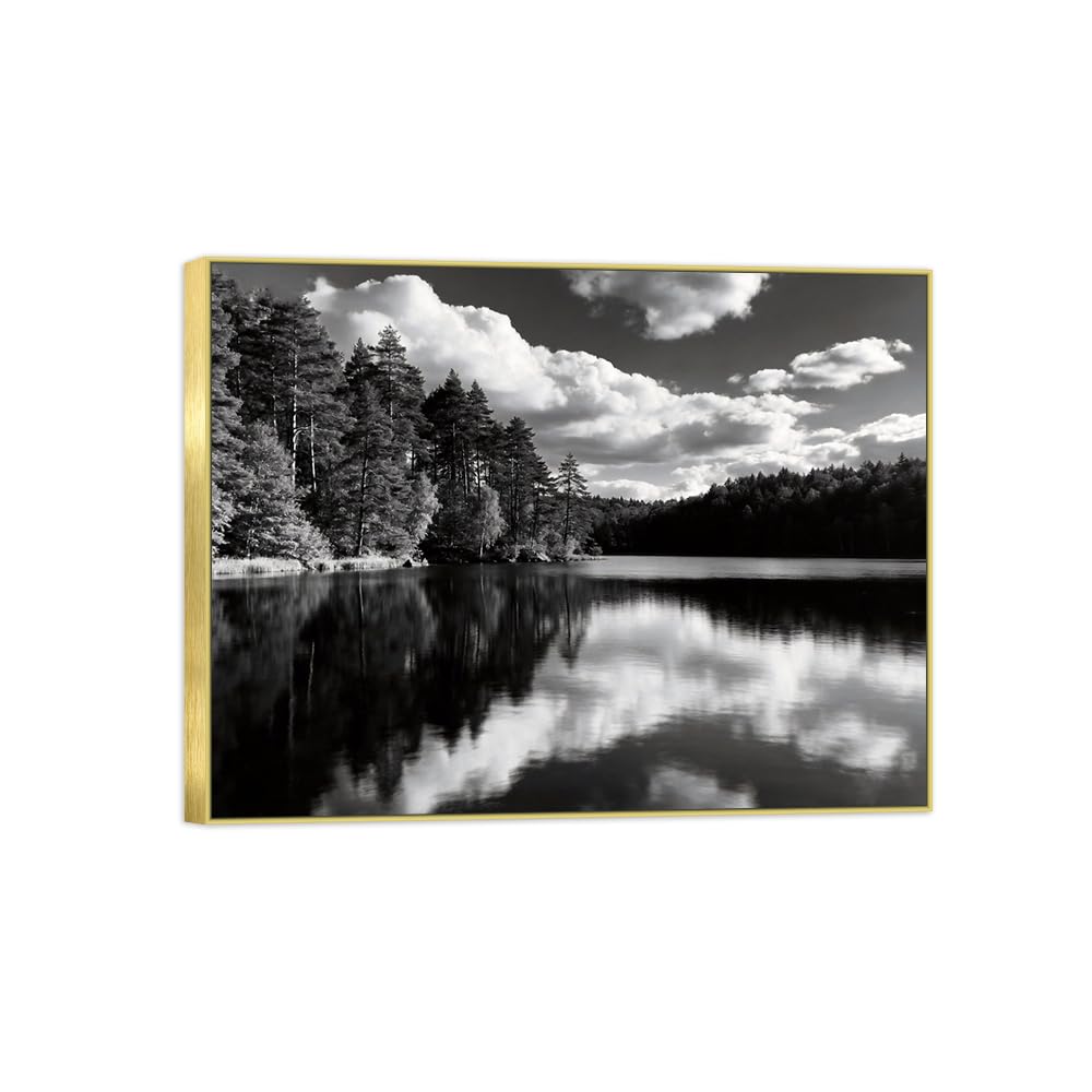 OZPWBVY Tree Lake Black White Landscape Canvas Picture 90x117cm Gold Frame