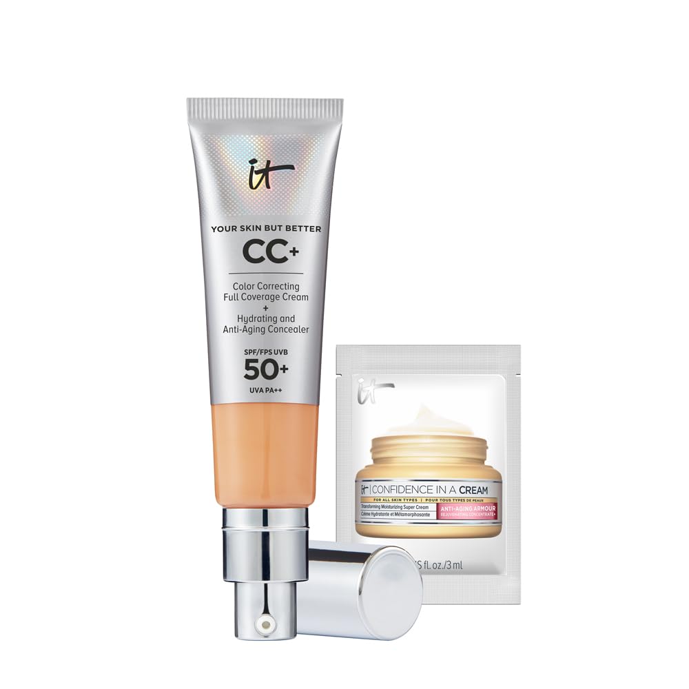 IT Cosmetics Your Skin But Better CC+ Cream 32ml with SPF 50 Protection , Shade: Tan, Full-Coverage Foundation and Concealer + 3ml of Confidence In A Cream Anti-Ageing Moisturiser