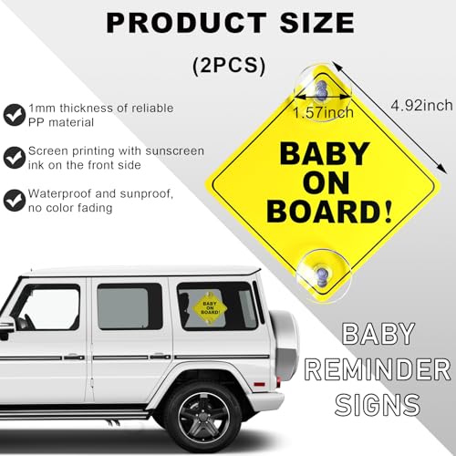 Image of Wevdn 2PCS Baby On Board Sticker for Car Window, 5''x5'' Removable Baby Safety Warning Sign with Suction Cup, Reusable Baby On Board Decal Sticker for Families with Children