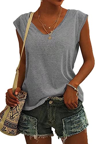 ASKSA Women V Neck Cap Sleeve T-Shirt Summer Solid Color Tank Top Casual Loose Shirts Basic Tee Tops (Grey,S)
