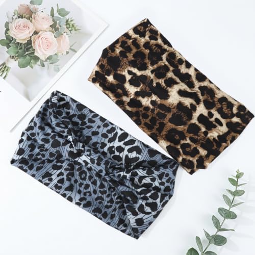 Image of MAYCREATE 2Pcs Wide Headband for Women Leopard Print Y2K Cloth Hair Bands | Soft Stretch Fit, Twisted Detail, Fabric Comfort, Helps Hold Hair Neatly, for Daily Styling Skincare Makeup and Fitness