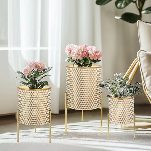 Growsun Plant Pots with Stands, Set of 3 - Indoor Flower Pots with Drain Holes & Rubber Stoppers, Includes Clear Plastic Nursery Pots - Stylish Modern Home Decor for Living Room, Office, and Balcony