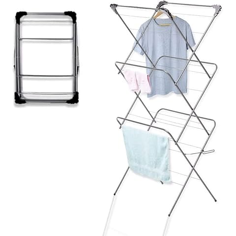 KHAPALWAK 3-tier Clothes Airer- Heavy Duty Steel Clothes Airer- Multipurpose Drying Rack- Garden Washing Airer, Anti Slip & 14m Drying Space- Outdoor & Indoor Laundry Airer- (40d X 63w X 145h) Cover