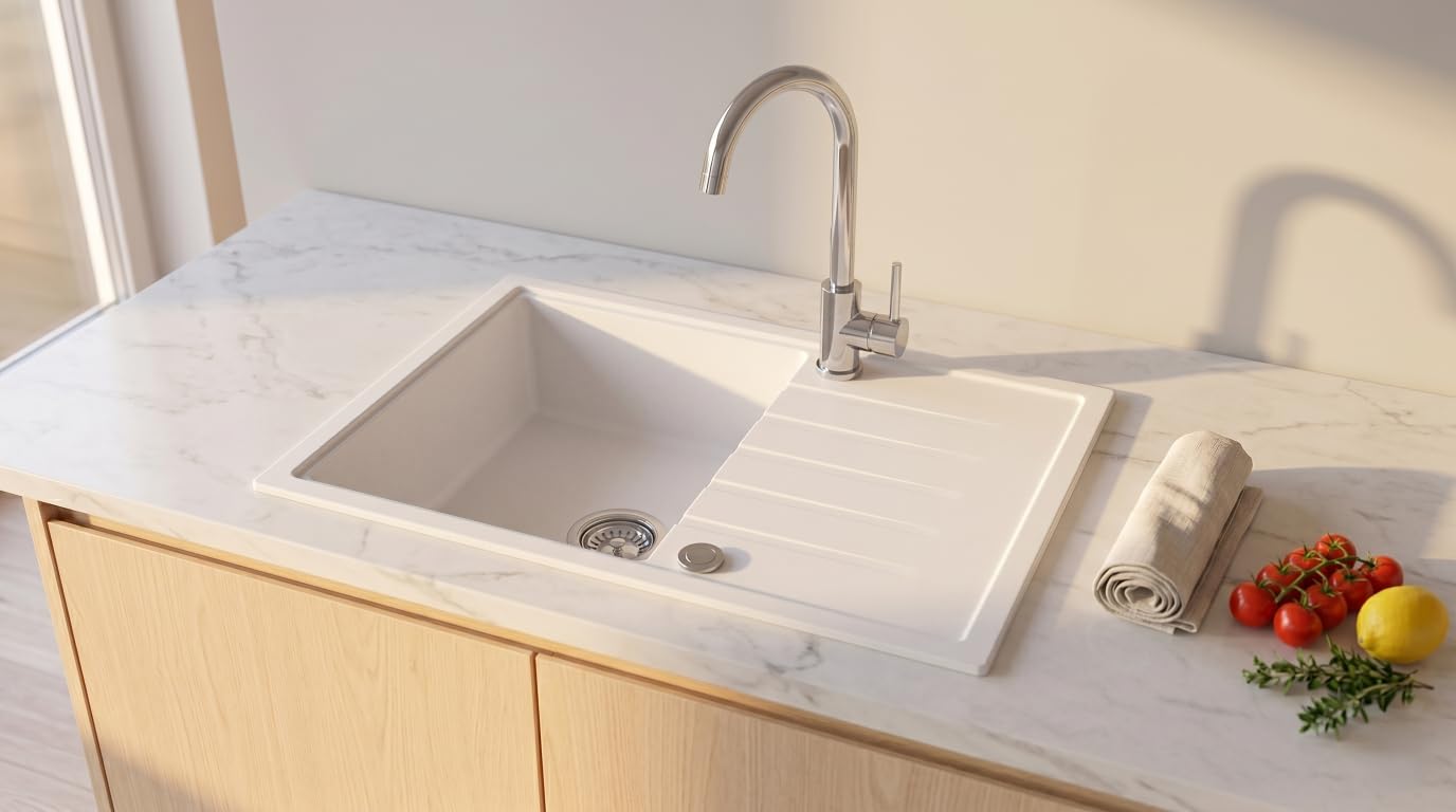 Fregadero AXION Una Cubeta Fregadero De Granito 68x49x19,5cm Blanco, Fregadero De Cocina De Diseño Elegante Con Sifón, Escurridor, Fácil De Limpiar, Resistente A Los Arañazos