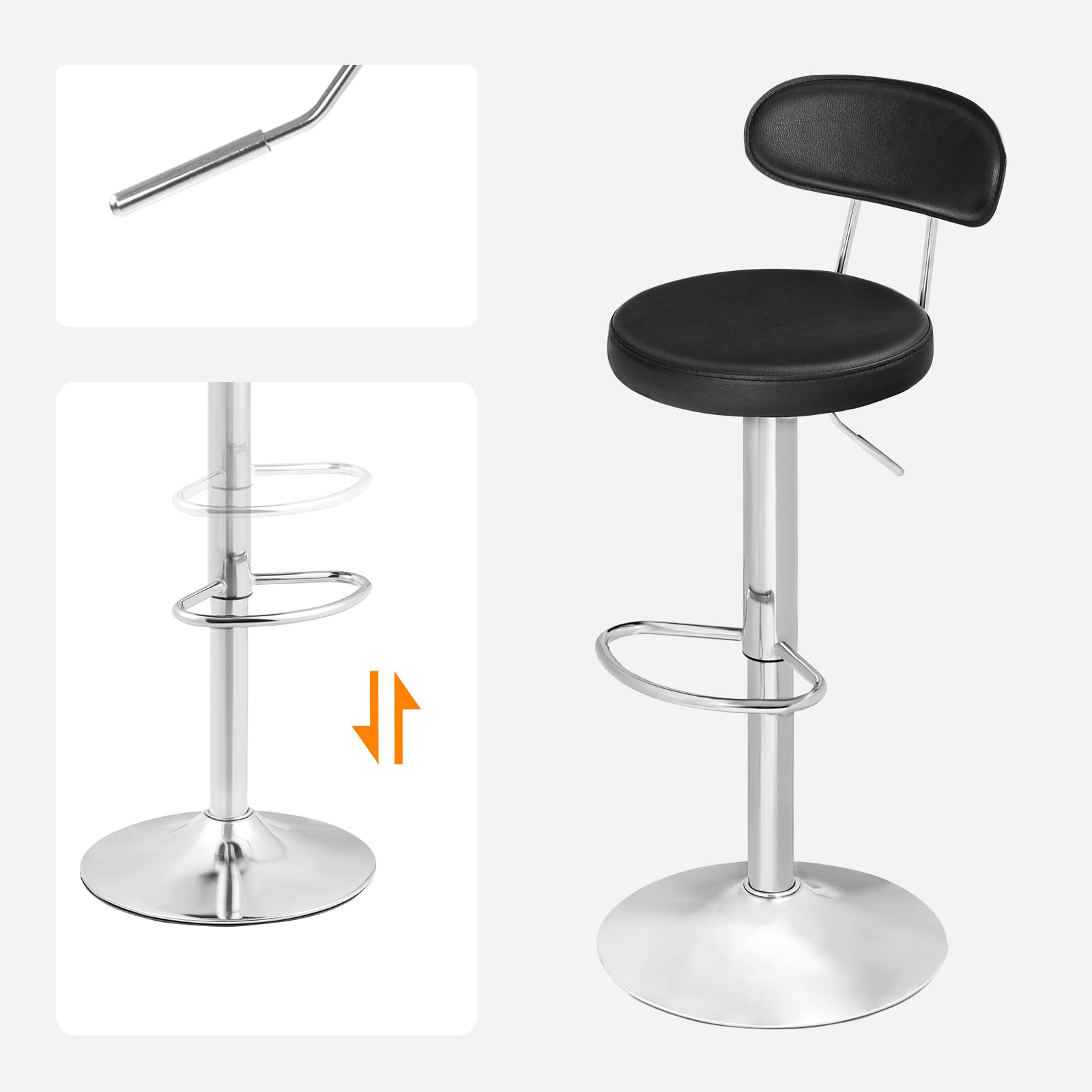 HOOBRO Sgabelli da bar, set di 2 sedie da bar in PU, altezza regolabile, sedili da cucina girevoli a 360°, con schienale e poggiapiedi, seduta imbottita in schiuma, nero ESB33BYP201