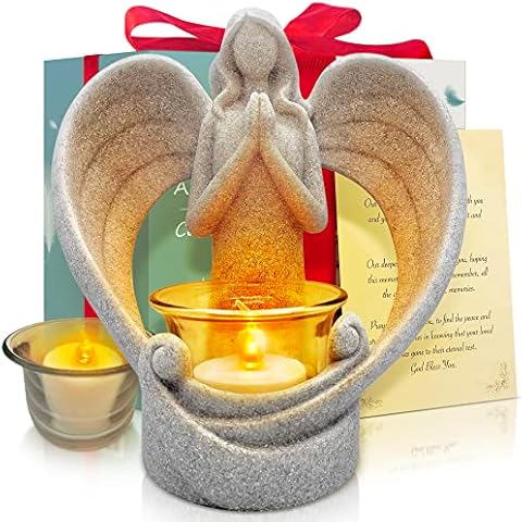 OakiWay Memorial Gifts – Angel Figurines Tealight Candle Holder, Sympathy Gifts for Loss of Loved One, W/Flickering Led Candle, Bereavement, Grief, Funeral, Remembrance, Memory Home Decorations Cover