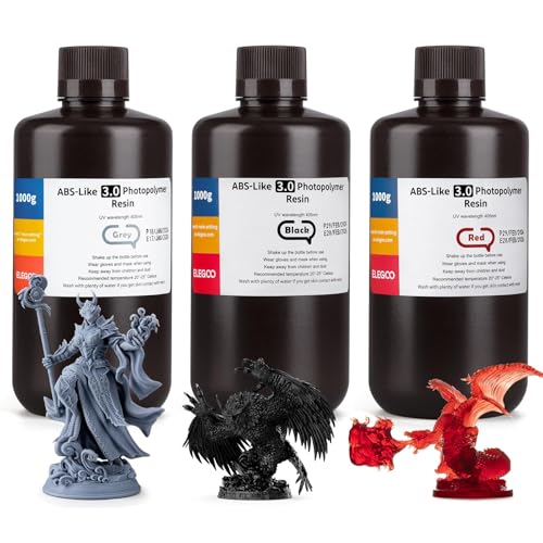 Image of ELEGOO ABS-Like 3.0 3D Printer Resin 3000g (Grey + Black + Clear Red) | High Strength and Toughness, High Precision, Low Viscosity, UV-Curing Photopolymer Resina for MSLA DLP LCD 3D Printers