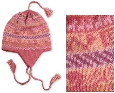 SanyorkPeruvian Ski Cap Hat Chullo Rose & Lavender Pure Alpaca Flap Cap Hand Made