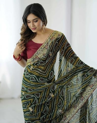 Image of Women's Georgette Bandhani Printed Embroidery Saree with Unstitched Blouse Piece