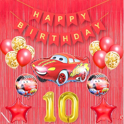 10th Car Theme Happy Birthday Banner Decoration Red for 10 year O...