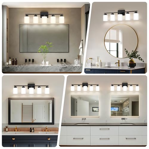 Image of FonmYim Black Bathroom Light Fixtures, 5-Light Modern Vanity Light Over Mirror, Wall Sconces with Milky White Frosted Glass Shades, E26 Socket (Bulbs Not Included)