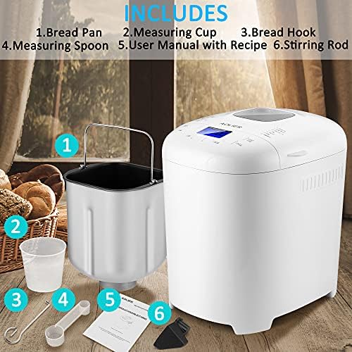 AOLIER Bread Machine, 2LB 14-in-1 Bread Maker Machine Incl Gluten Free, Homemade Setting | Non Stick Pan | 2 Loaf Sizes & 3 Crust Colors | Reserve & Keep Warm Set | Recipe Booklet Included (White)