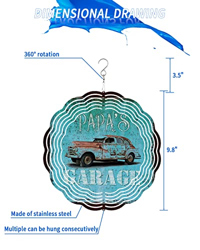 Wind Spinners For Yard And Garden, Papa's Garage Stainless Steel Wind Sculptures Spinners, Blue Vintage Car Brown Board Wind Spinner Crafts Ornaments 3D Indoor Outdoor Decorations 10" #TOP1