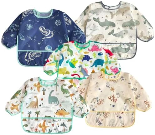 PandaEar 5 Pack Baby Lätzchen mit Ärmeln | Abwaschbar Ärmellätzchen Ganzkörper Lätzchen Baby | Wasserdicht Babylätzchen Latz mit Ärmel für Kleinkinder 6-24 Monate