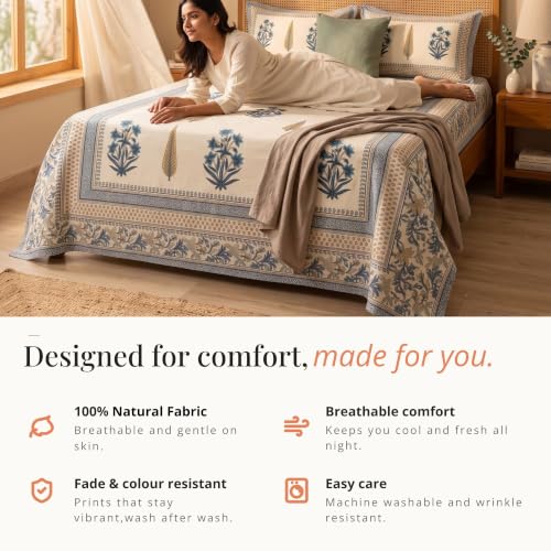 Image of Naksh Bedsheet for Double Bed King Size Blue Floral Block Print 2 Pillow Covers | Block-Print Inspired Design | Ornate Borders Heritage Craft in Bed Sheet Double Bed | Royal Sajawat Collection |
