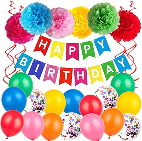 Multicolor Birthday Decorations Kit - HAPPY BIRTHDAY Banner , Spiral Charm, Paper Flower Ball and Balloons for Boys and Gilrs Birthday Party