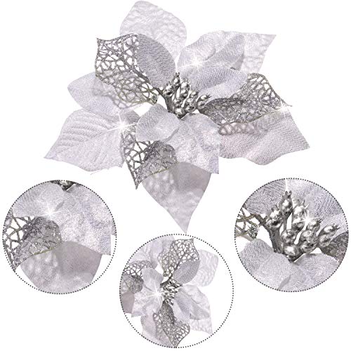 Willbond 36 Pieces Christmas Glitter Poinsettia Artificial Flowers Christmas Flowers Decorations Wedding Xmas Tree New Year Ornaments (Silver, Double Layer Hollow Style) #TOP2