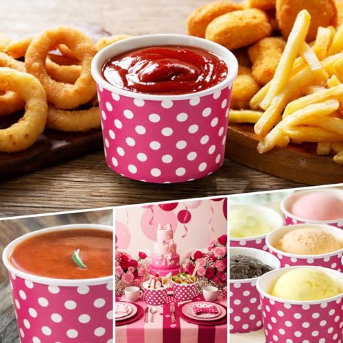 Image of Zopeal 50 Count Hot Pink Polka Dot Ice Cream Cups Disposable Dessert Bowls