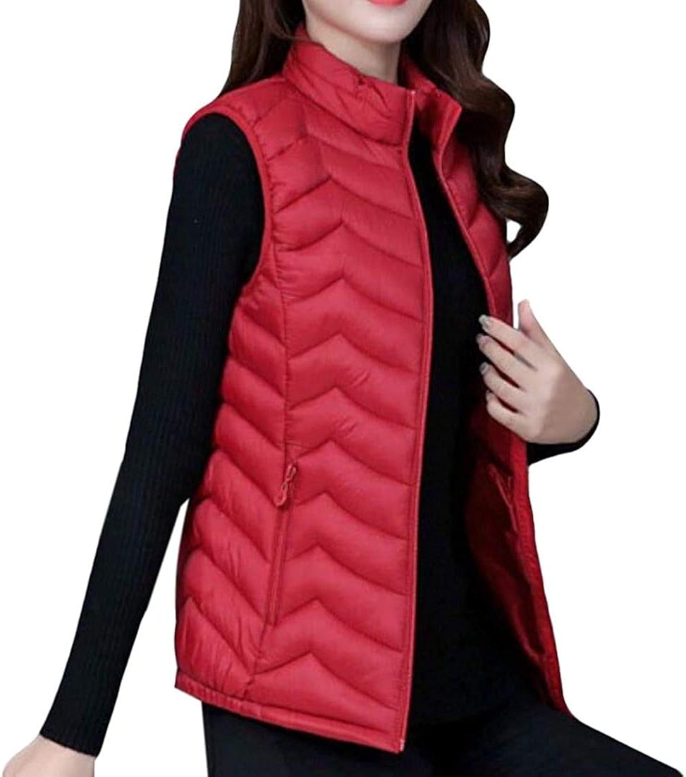 Women Padded Quilted Vest Fashion Zipper Pockets Slim Plain Vest,Red,X