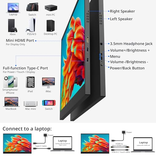 Image of AYY 4k Portable Monitor Touchscreen, 13.4 inch 3840x2160 Second Screen 100% sRGB,400cd HDR USB C Ultra Slim IPS Laptop Monitor, for Mac Switch