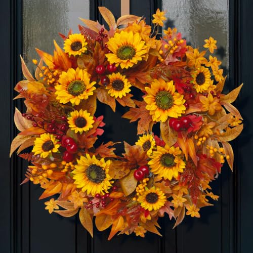 Image of 24 Inch Harvest Fall Wreaths for Front Door with Sunflower and Red Berries