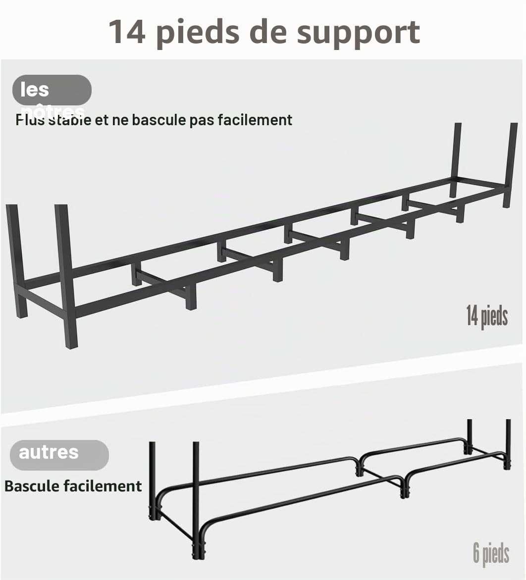 Range-bûches d'extérieur 2,4 m avec 14 pieds, étagère à bois résistant à la rouille, empilable réglable