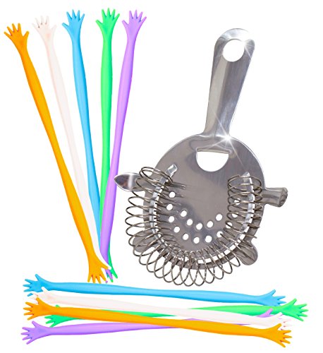 SILVERgrade Cocktail Strainer Stainless Steel 18/8, with 10 Drink Stirrers & Over 50 Recipes (PDF) for Tasty Mixed Drinks