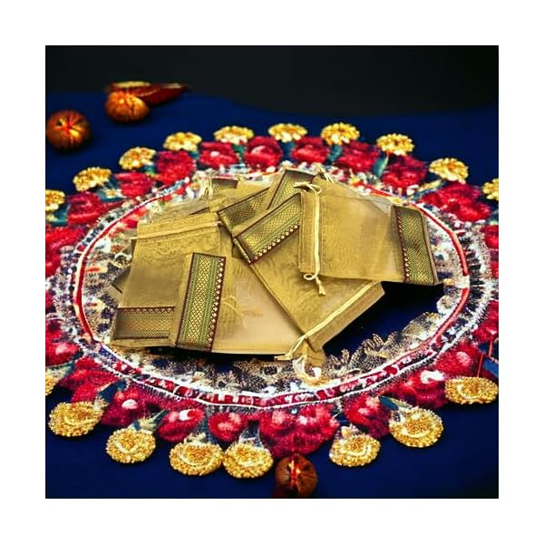 KRIWIN Pack of 25, 9 X 7 inch Medium Size Tissue Silk Gift Bags/Potli/Pouches with Brocade Border (Golden) - Image 4