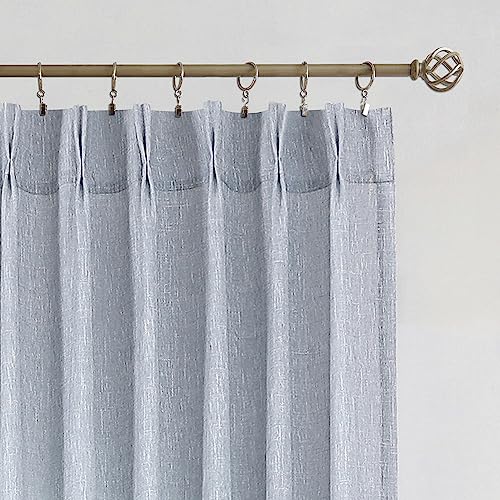 Image of Vision Home Pinch Pleated Blue Semi Sheer Curtains Textured Light Filtering Window Curtains 63 inch for Living Room Bedroom Rayon Blended Chambray Blue Pinch Pleat Drapes with Hooks 2 Panels 40 inchWx63 inchL