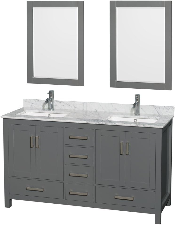 Wyndham Collection Sheffield 60 inch Double Bathroom Vanity in Dark Gray, White Carrara Marble Countertop, Undermount Square Sinks, and 24 inch Mirrors