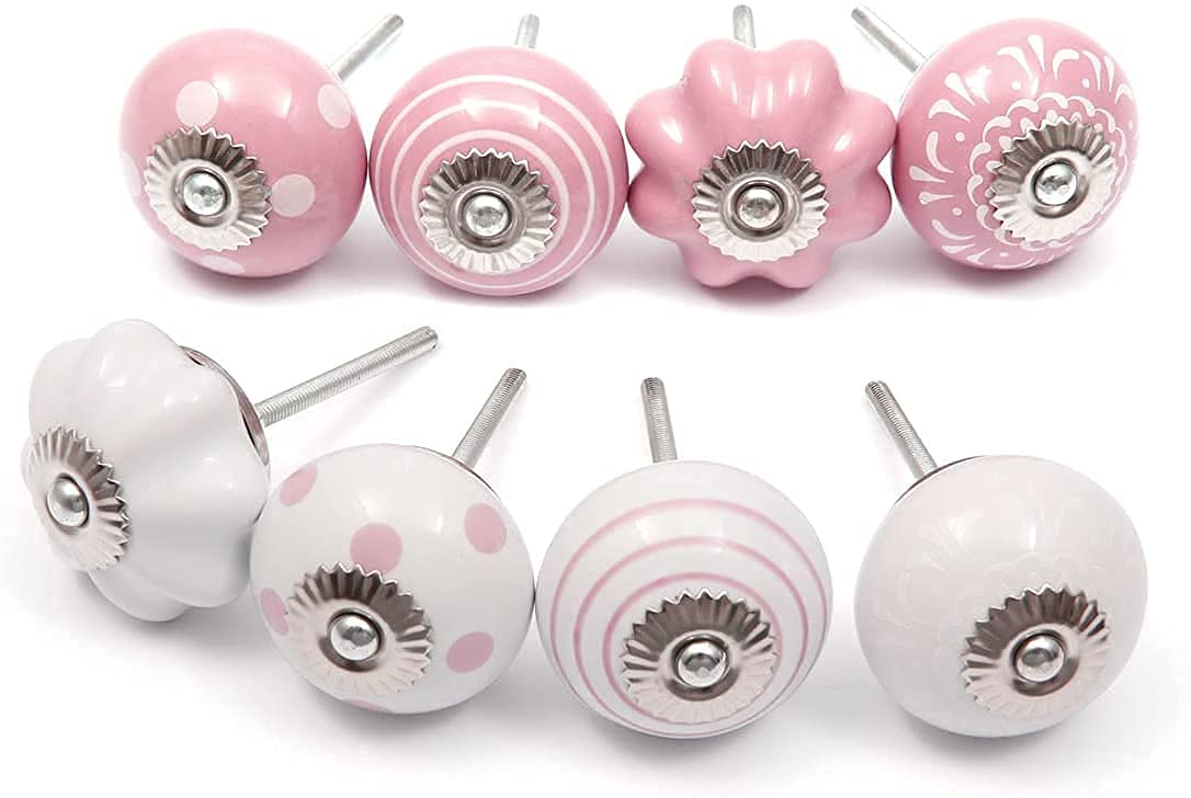 RHF Handcrafted Assorted Pack of 4 Knobs Ceramic Cabinet Furniture Knobs Designed Painted Vintage Pink & White Cupboard Pulls Door Knobs (B09FHVTR7Q) Amazon Price History, Amazon Price Tracker