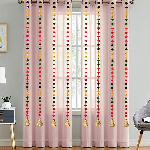 Image of DSCYENTES Pom Pom Door Side Hangings for Decoration, Ganesh Chaturti Decoration, Wall Hanging for Main Entrance,Temple Pooja Room, Stylish & Handmade Diwali Hanging (4 Feet, 8 Pc's)