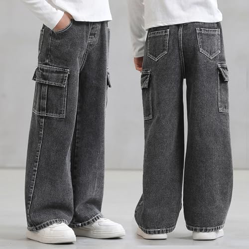 Boys Girls Cargo Jeans Y2k Baggy Denim Pants Multi Pockets Wide Leg Loose Boyfriend Jeans for Kids 2-12 Years3