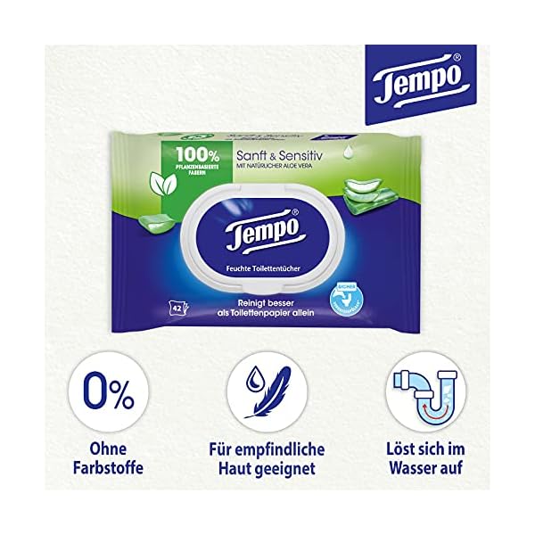 Tempo Toilettenpapier feucht Tempo feuchtes Toilettenpapier sanftundsensitiv Trio-Pack (18 Packungen x je 42 Blatt… – Bild 4