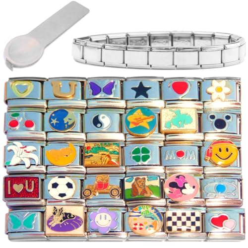 Set of 30 Italian Charms Plus Stainless Steel Starter Bracelet and Charm Tool - Soccer, Emoji, Minnie, Bear, Car, Love, Butterfly, Race Flag, Clover, Flower, and More 9mm Bracelet Links