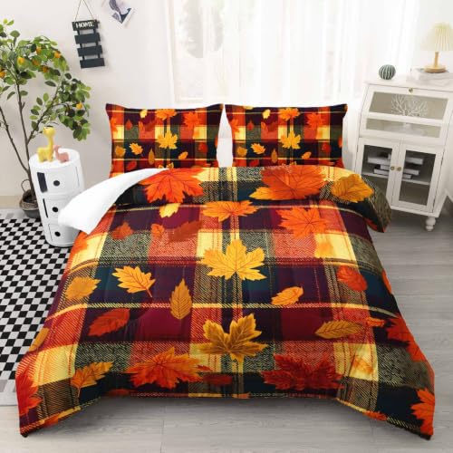Image of AILONEN Fall Leaf Patchwork Queen Bedding Set 3 Piece, 1 Comforter + 2 Pillowcases, Amber Crimson Foliage Dark Plaid Grid Warm Seasonal Print for Country Main Bedroom
