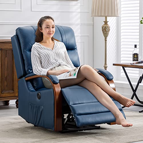 Inzoy Power Recliners Chairs With Usb Charge Port, Pu Leather Electric Reclining Chair Business Style, Motorized Single Sofa With Wood Armrest, Recliner Chair For Living Room Office Home, Blue #TOP1
