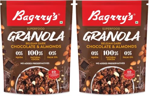 Image of Bagrry's Superfood Granola Belgian Dark Chocolate & Almonds 400g | 40% Oats & Quinoa Flakes | 100% Natural Cocoa | Plant-Based | High Fibre & Protein Crunchy Breakfast Cereal | Multigrain Cereal | 100% Baked Granola | No Palm Oil