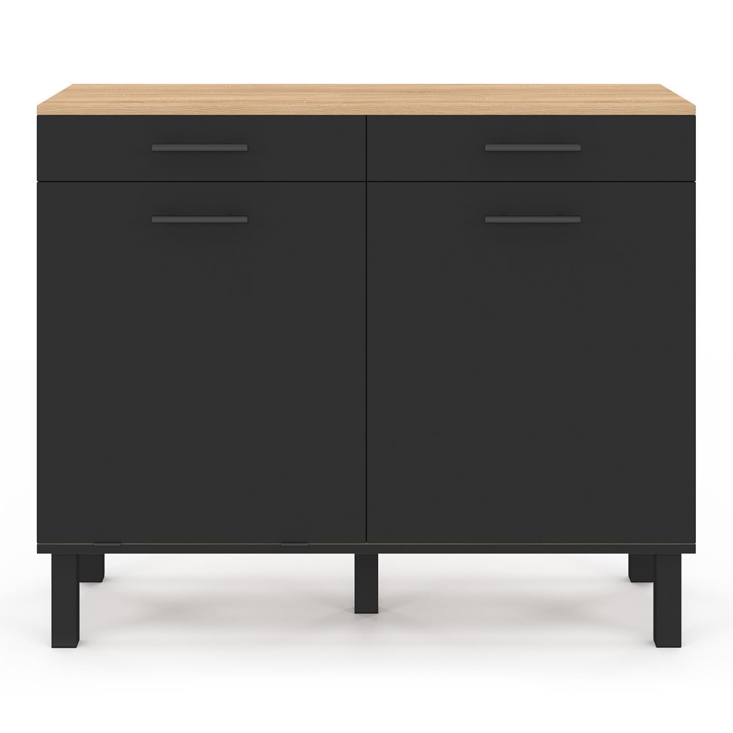 IDMarket - Küchenbuffet mit Abfalleimer 100 cm CINA Arbeitsplatte H.83 cm 2 Türen + Schubladen in Buchenholzoptik und Schwarz