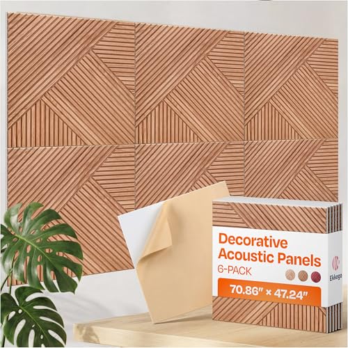 Image of XL Acoustic Wall Panels 6-Pack Decorative Acoustic Panels High Density Sound Absorbing Wall Art 70.86X47.24 Inches with Self-adhesive for Studio Home and Office - Teak Wood Finish