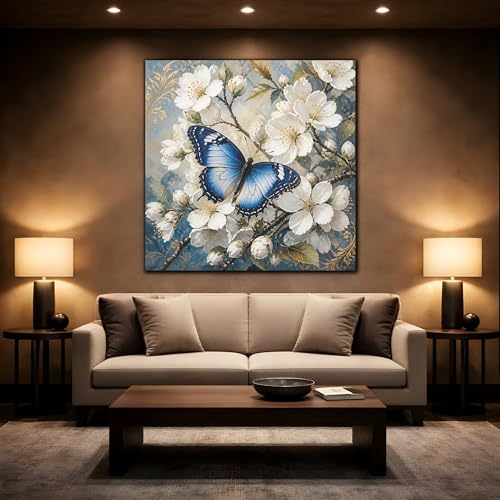 Tableau papillon bleu 16x16" élégant au-dessus d'une console - 2