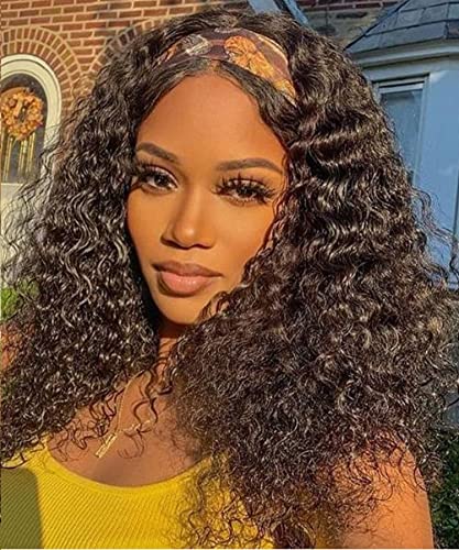 Headband Curly Human Hair Wig Glueless None Lace Front Wigs for Black Women Deep Curly Headband Wig 150% Density 100% Virgin Human Hair Wig Machine Made Natural Color 18 Inch