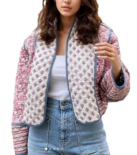 Women's Cropped Floral Quilted Jacket Lightweight Open Front Padded Puffer Coat
