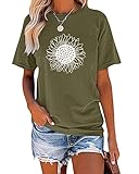 MaQiYa Womens Cute Sunflower Graphic Printed Tee Shirts Vintage Short Sleeve Cotton Shirts Tops (Army Green, Large)