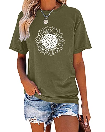 MaQiYa Womens Cute Sunflower Graphic Printed Tee Shirts Vintage Short Sleeve Cotton Shirts Tops (Army Green, Large)