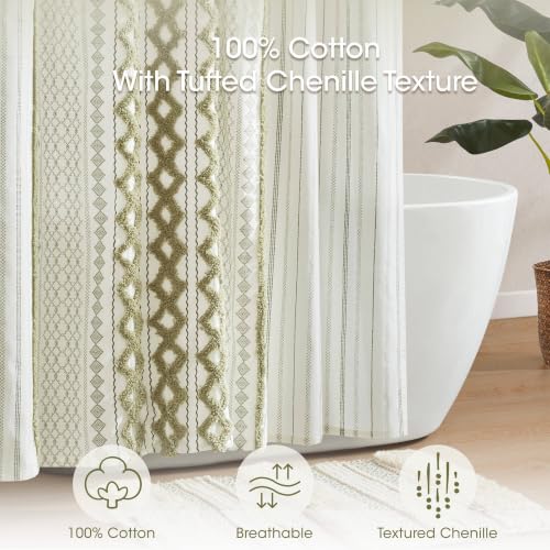 Image of INK+IVY Imani Tufted Chenille 100% Cotton Shower Curtain Boho Bath Curtains for Bathroom, Colorful Stripes Modern Farmhouse Shower Curtain, Bathtub Privacy Screen, Machine Washable 72 inch x 84 inch, Sage