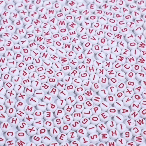 600pcs Acrylic Letter Beads Alphabet Red Letters White Round Bead 4x7mm for Friendship Bracelets and Gifts Souvenir Jewelry Making